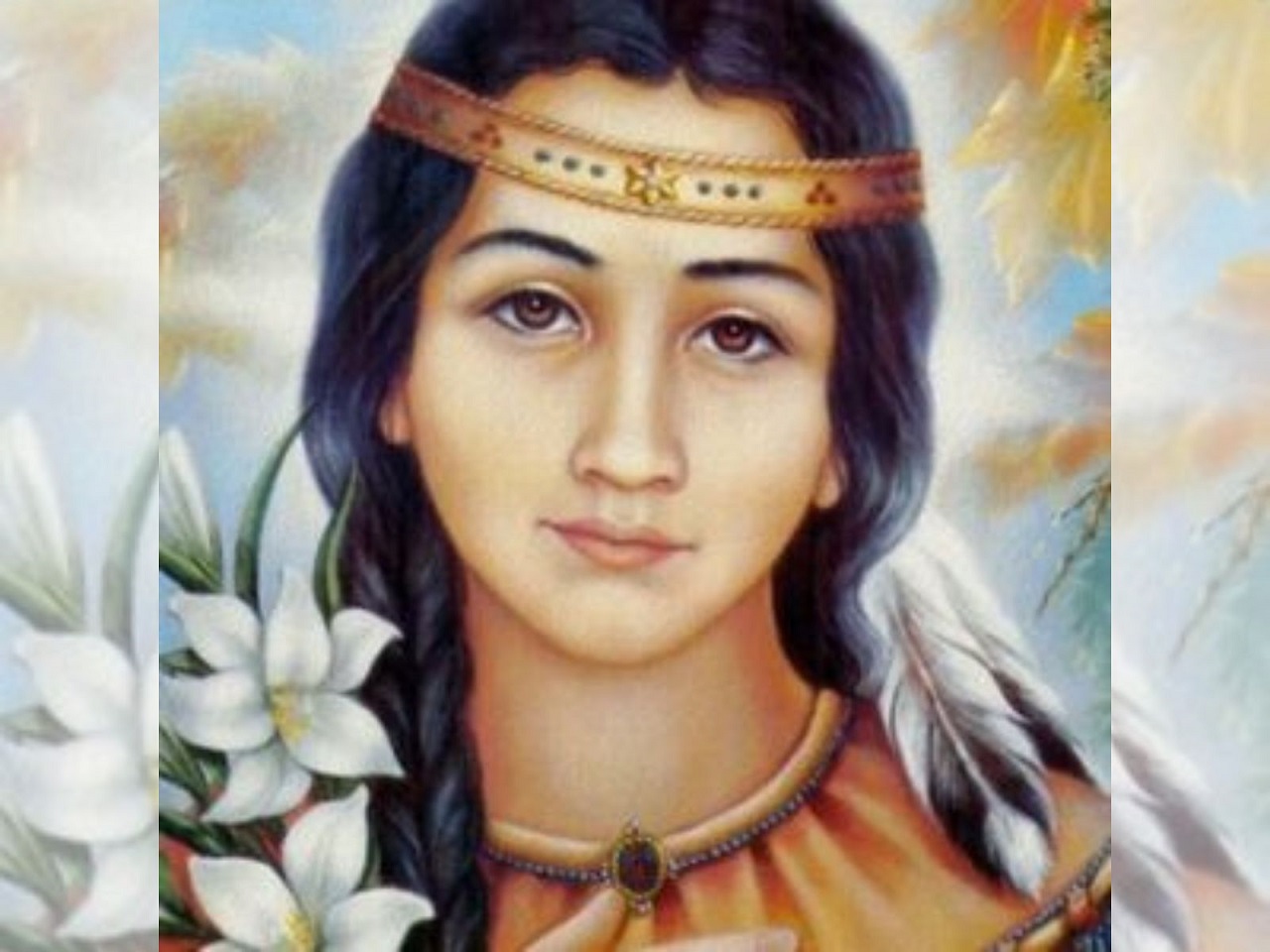 Imagem da Santa Catarina Tekakwitha, uma índia, olhando para frente, junto com seu rosto está a imagem de um lírio branco.