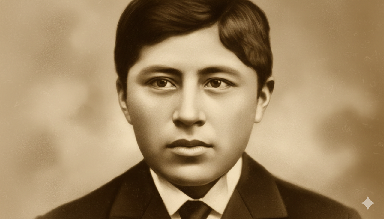 imagem do Beato Zeferino Namuncurá olhando para frente e vestido de terno