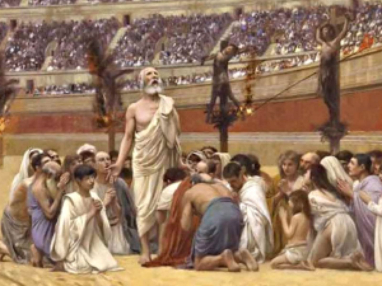 imagem dos Protomártires da Igreja de Roma no coliseu em Roma e ao fundo os cristãos sendo queimados