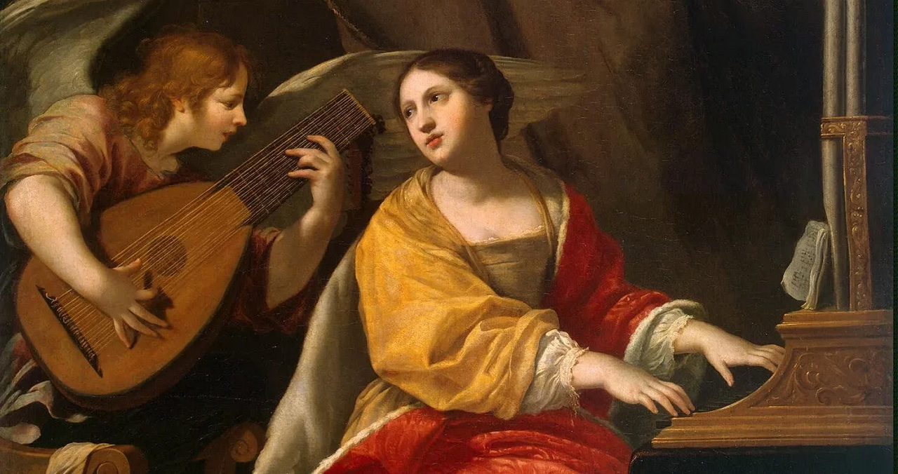 imagem da Santa Cecília com um músico ao lado.