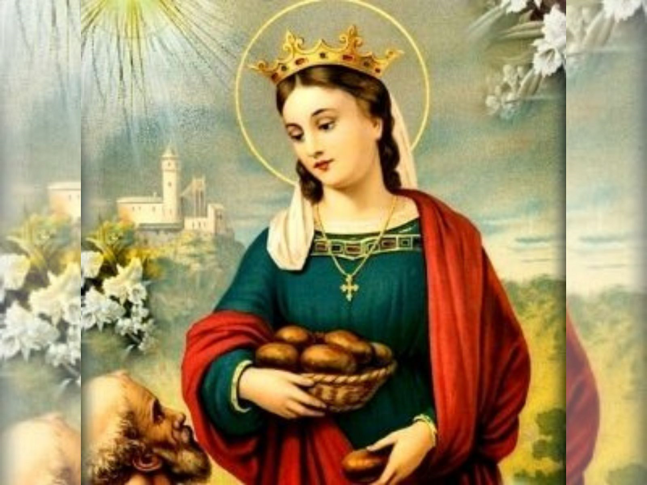 imagem de Santa Isabel da Hungria com um cesto de pães em suas mãos.