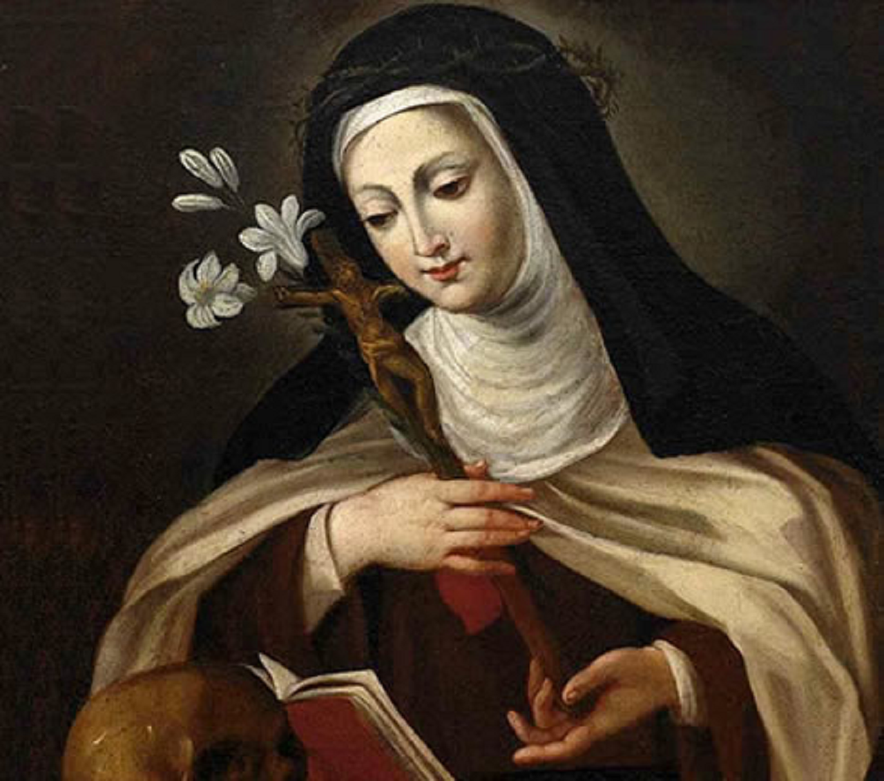 a Santa Maria Madalena de Pazzi está segurando em sua mão um lírio e uma cruz