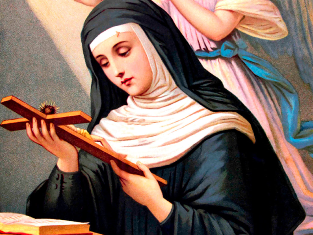 imagem da santa vestida com hábito, com a chaga na testa, com a cruz nas mãos.