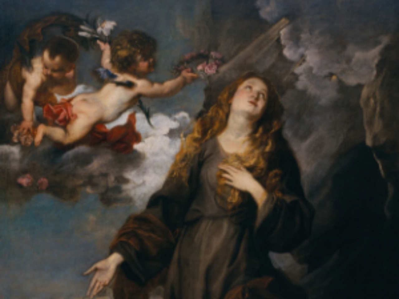 imagem de Santa Rosália olhando para o céu e recebendo uma coroa da mão dos anjos