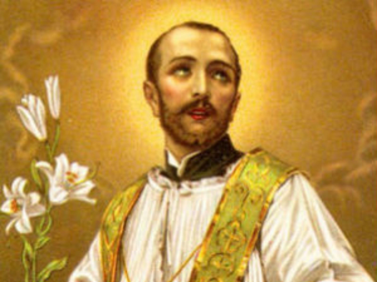 imagem de Santo Antônio Maria Zaccaria com um lírio nas mãos e o olhar voltado para o céu