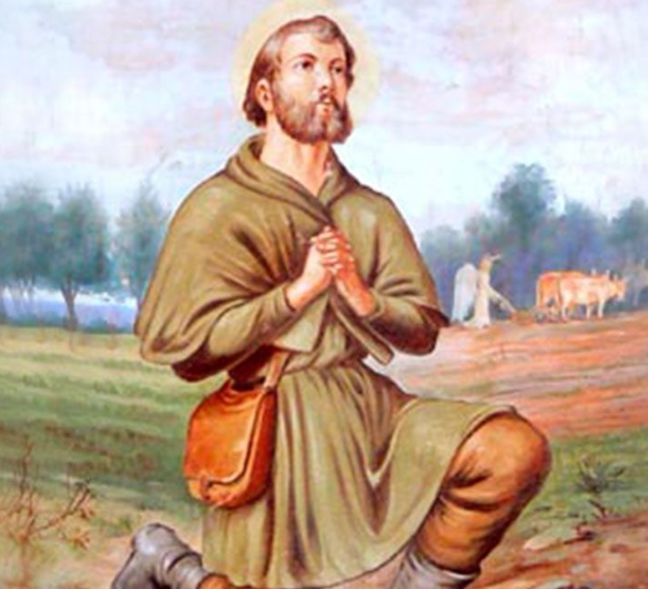imagem de Santo Isidoro trabalhando como agricultor e fazendo uma oração a Deus
