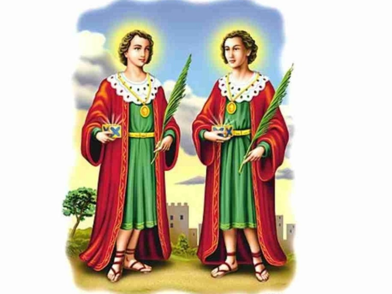 imagem de São Cosme e São Damião vestido com o manto vermelho e a palma do martírio em suas mãos