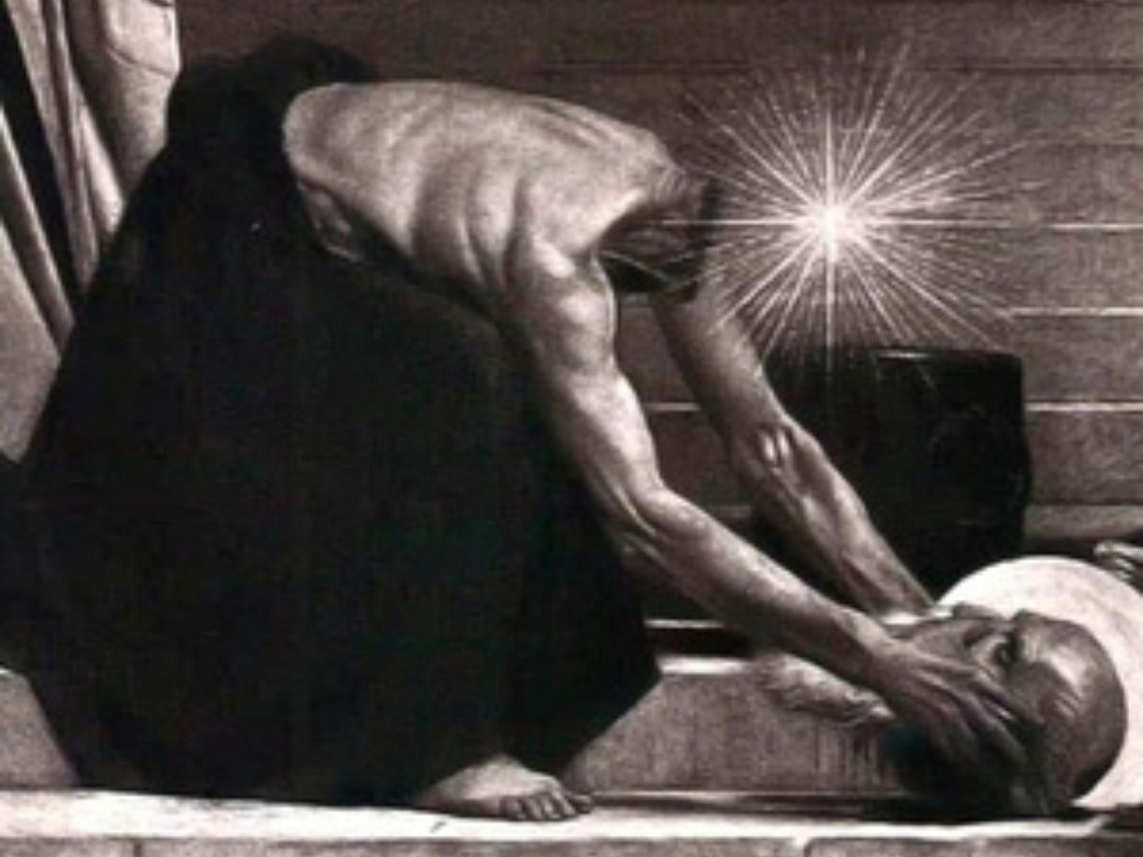 imagem de São Dionísio decapitado e segurando a sua cabeça.