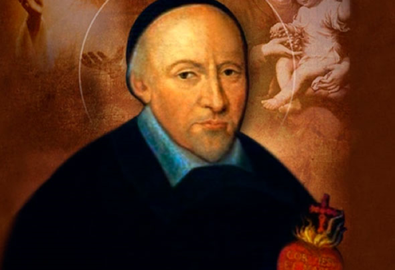 imagem de São João Eudes segurando o Sagrado Coração de Jesus em suas mãos