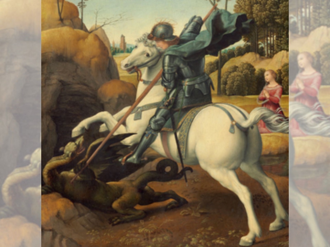 Imagem de São Jorge em cima do cavalo e ferindo o dragão com uma lança.