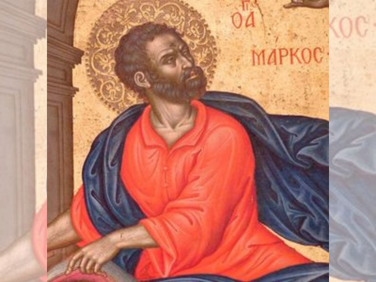 ícone de São Marcos vestido com túnica vermelha e manto azul