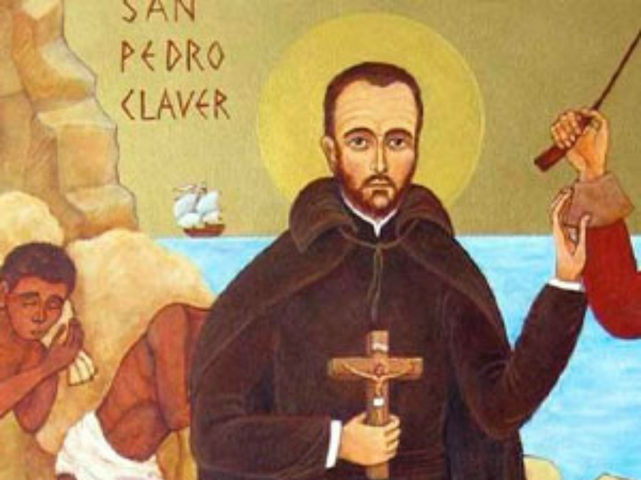 imagem de São Pedro Claver segurando uma cruz e usando um hábito preto