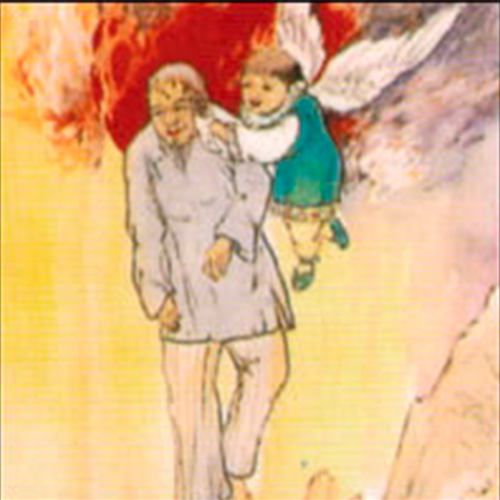 imagem do São Pedro Liu Wenyuan sendo seguraudo por um anjo em meio ao fogo