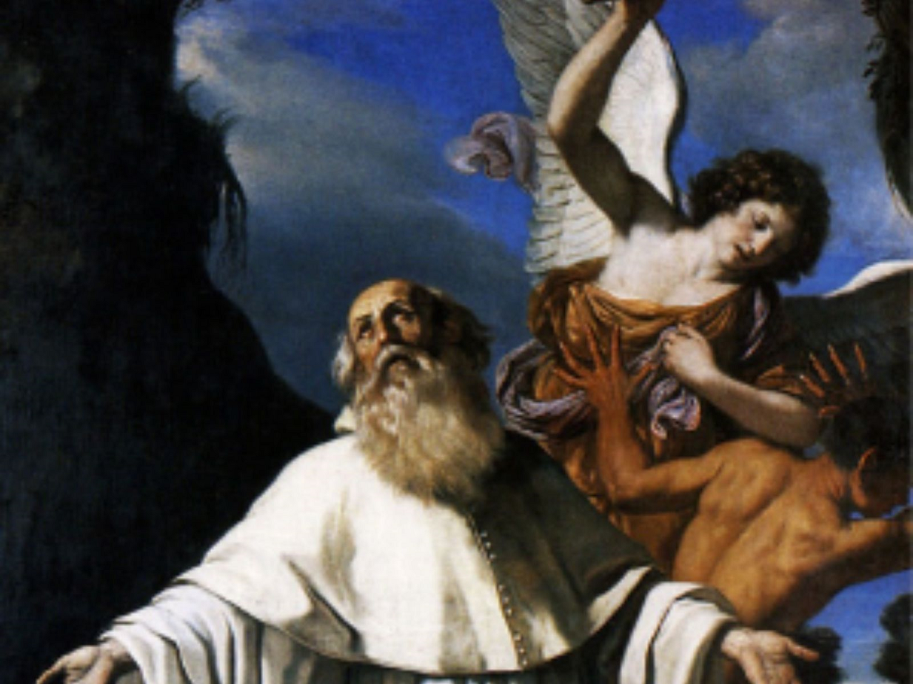 imagem de São Romualdo olhando para o céu e ao seu lado um anjo derrotando um demônio.