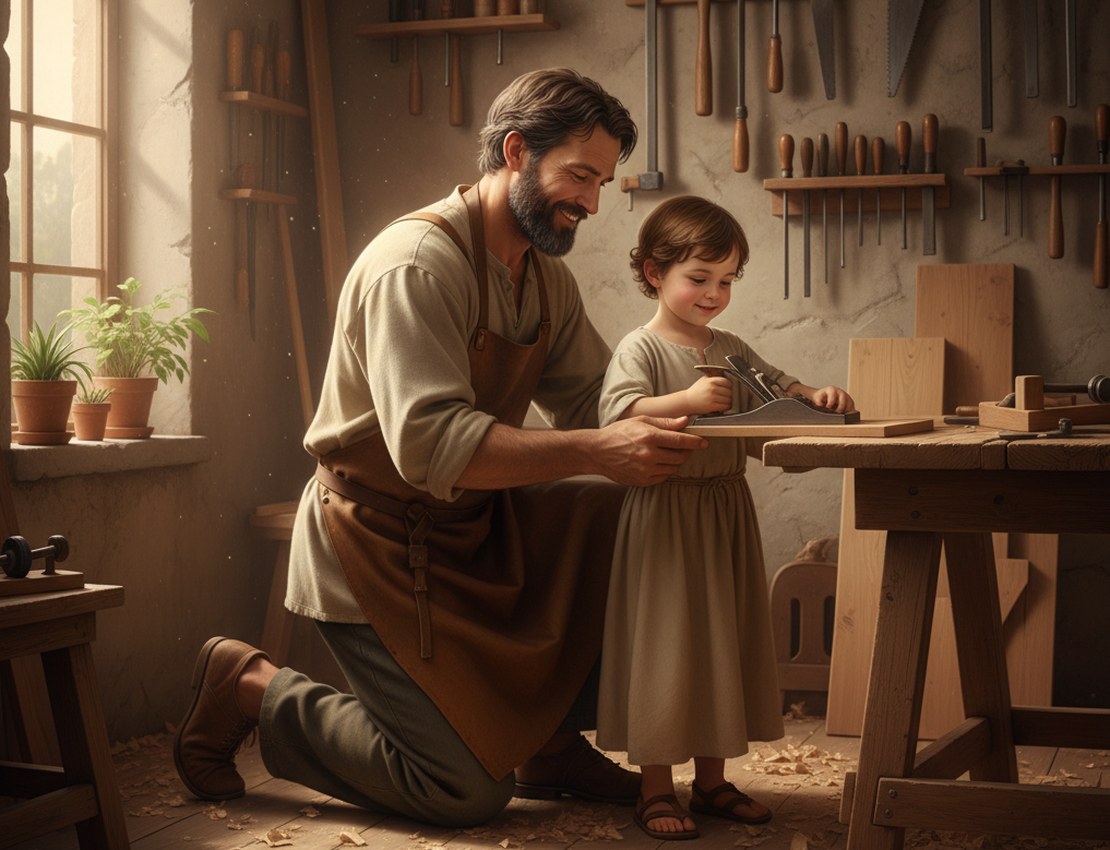 imagem de são José Operário com o Menino Jesus na carpintaria